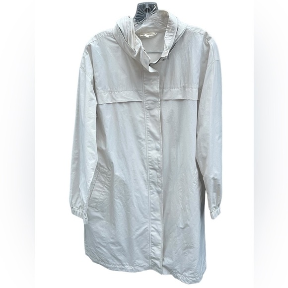 Eileen Fisher long zip & button up oversized raincoat rain jacket with hood bone - Picture 1 of 12